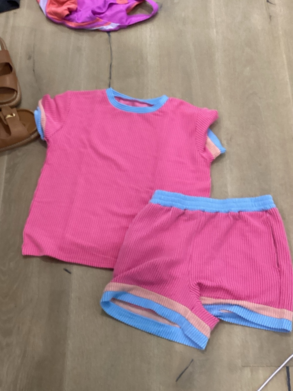 Amazon Pink Ribbed Kids Pajama Set with Blue Trim